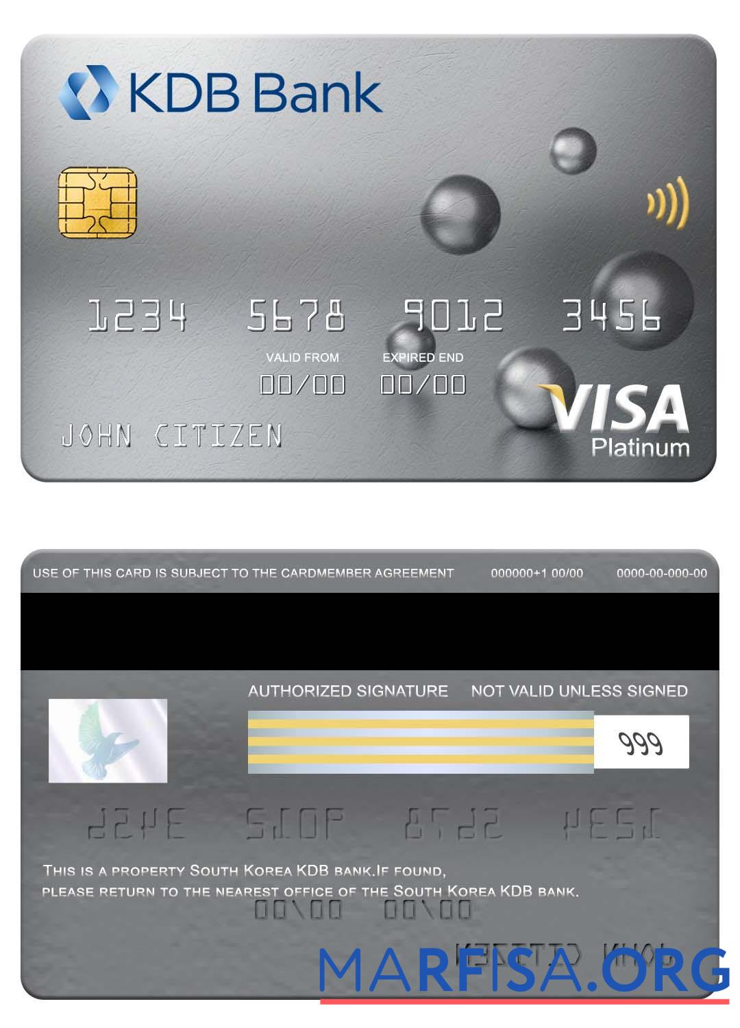 Printable South Korea KDB bank visa platinum card template